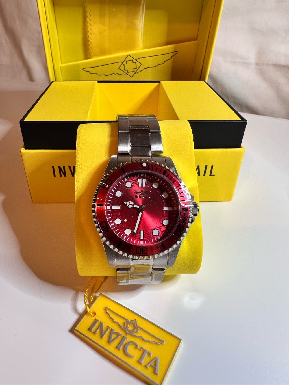 Invicta Men’s Silver Stainless Steel Watch with Red Dial